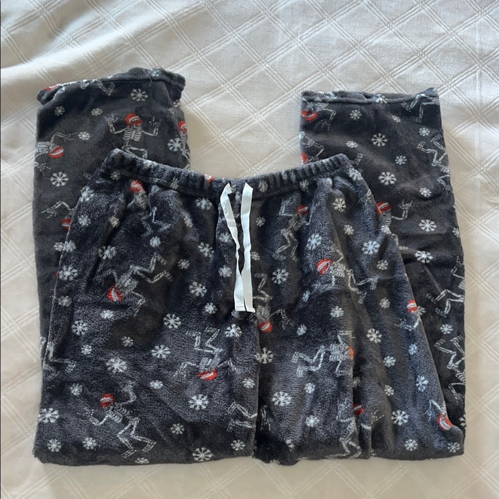 Cozy festive Pajamas with grey skeletons wearing santa hats